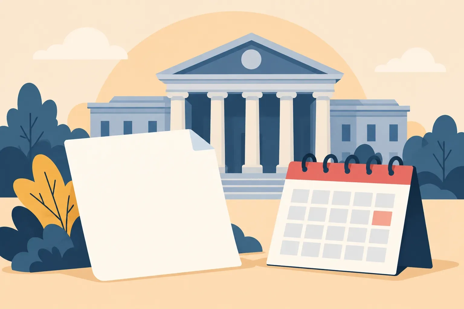 Illustrated court document with a highlighted deadline and a credit card silhouette
