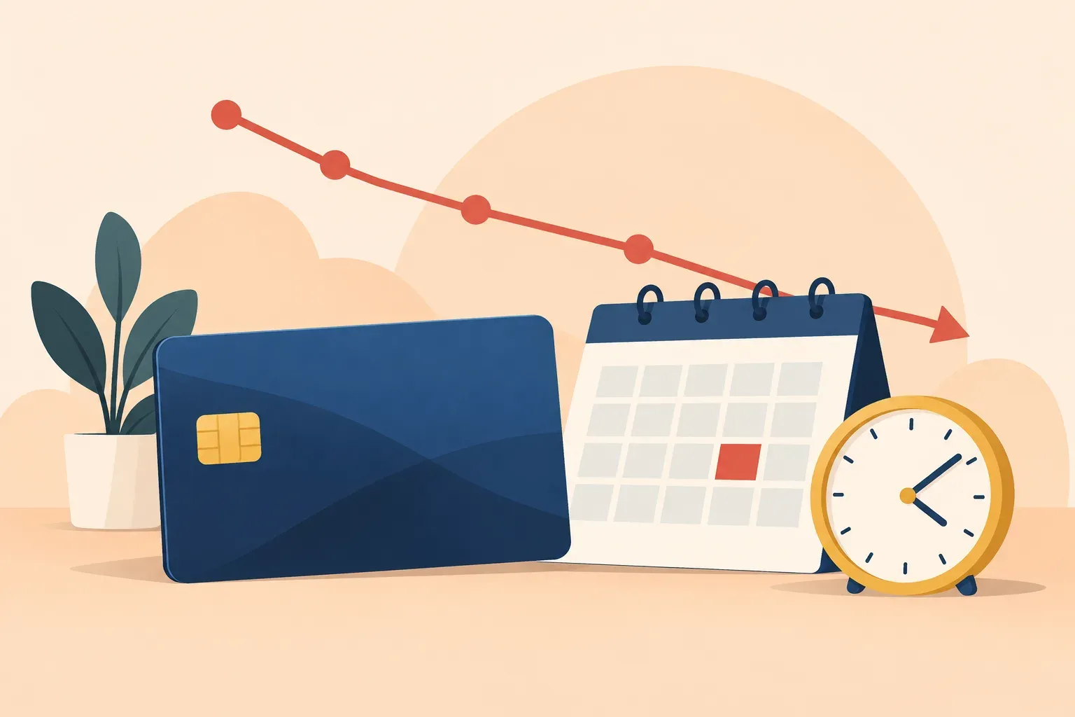 Illustrated overdue payment calendar beside a credit card and clock