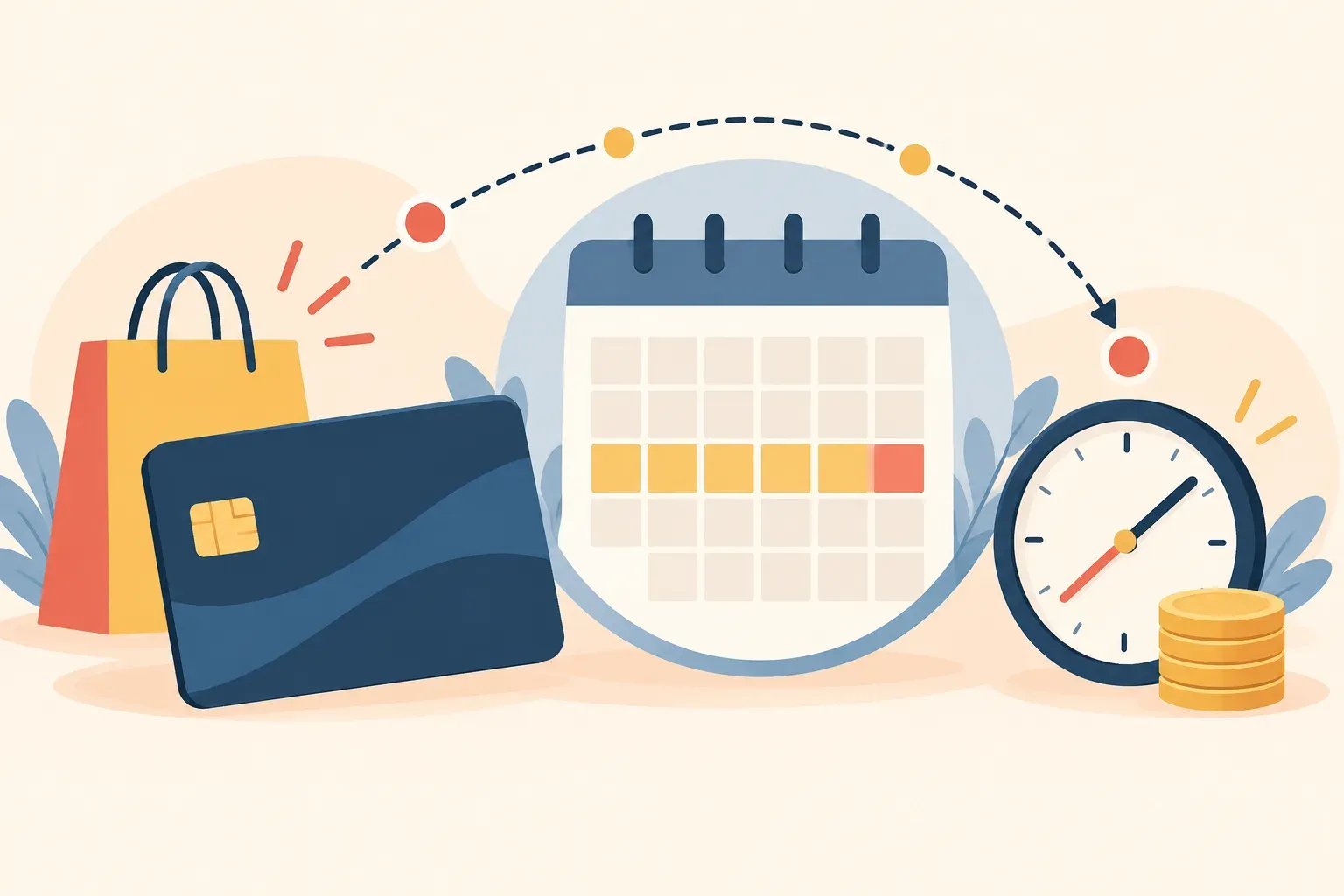 Illustrated credit card beside a calendar and clock