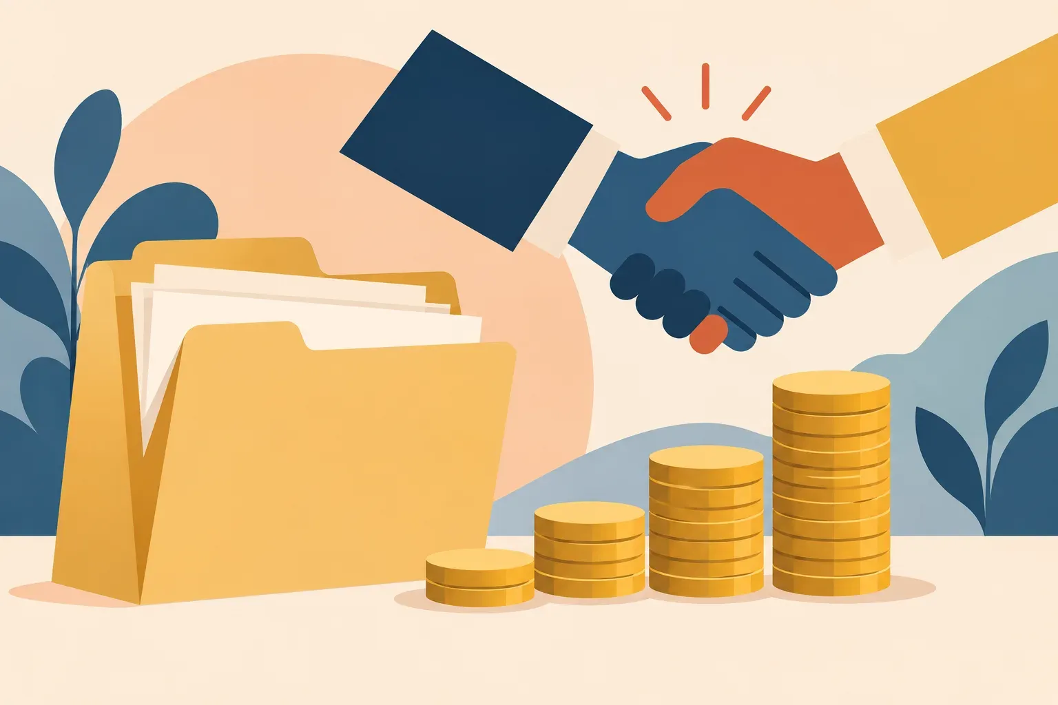 Illustrated payment calendar and signed agreement beside a modest coin stack