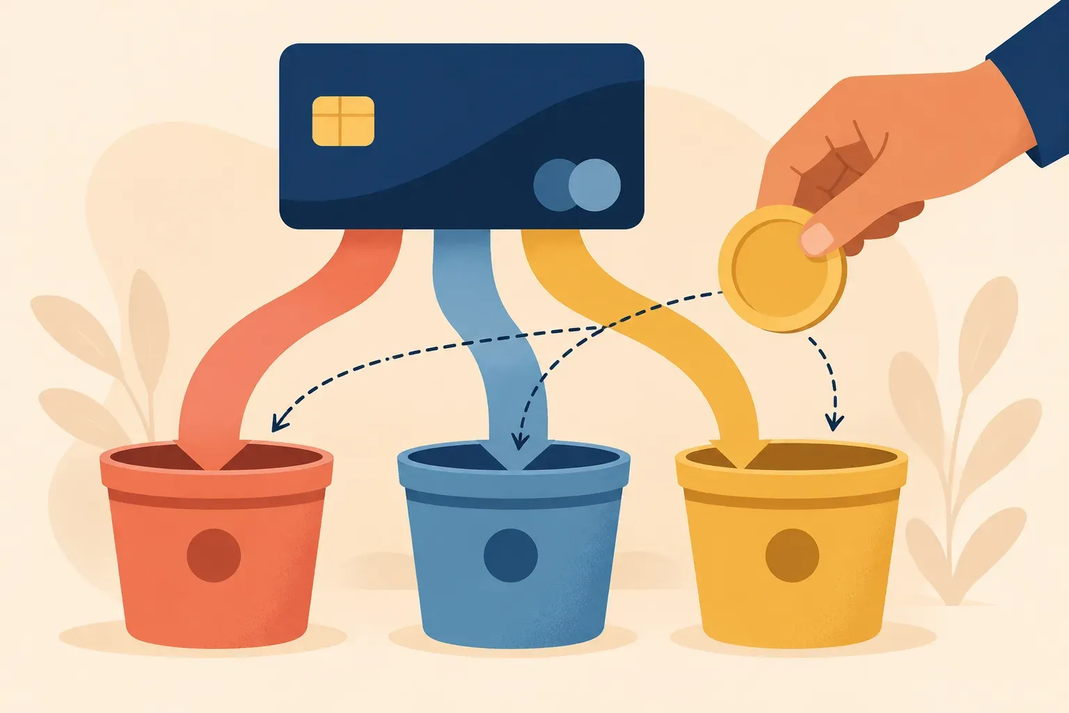Illustrated payment flowing into three separate balance columns with different symbols
