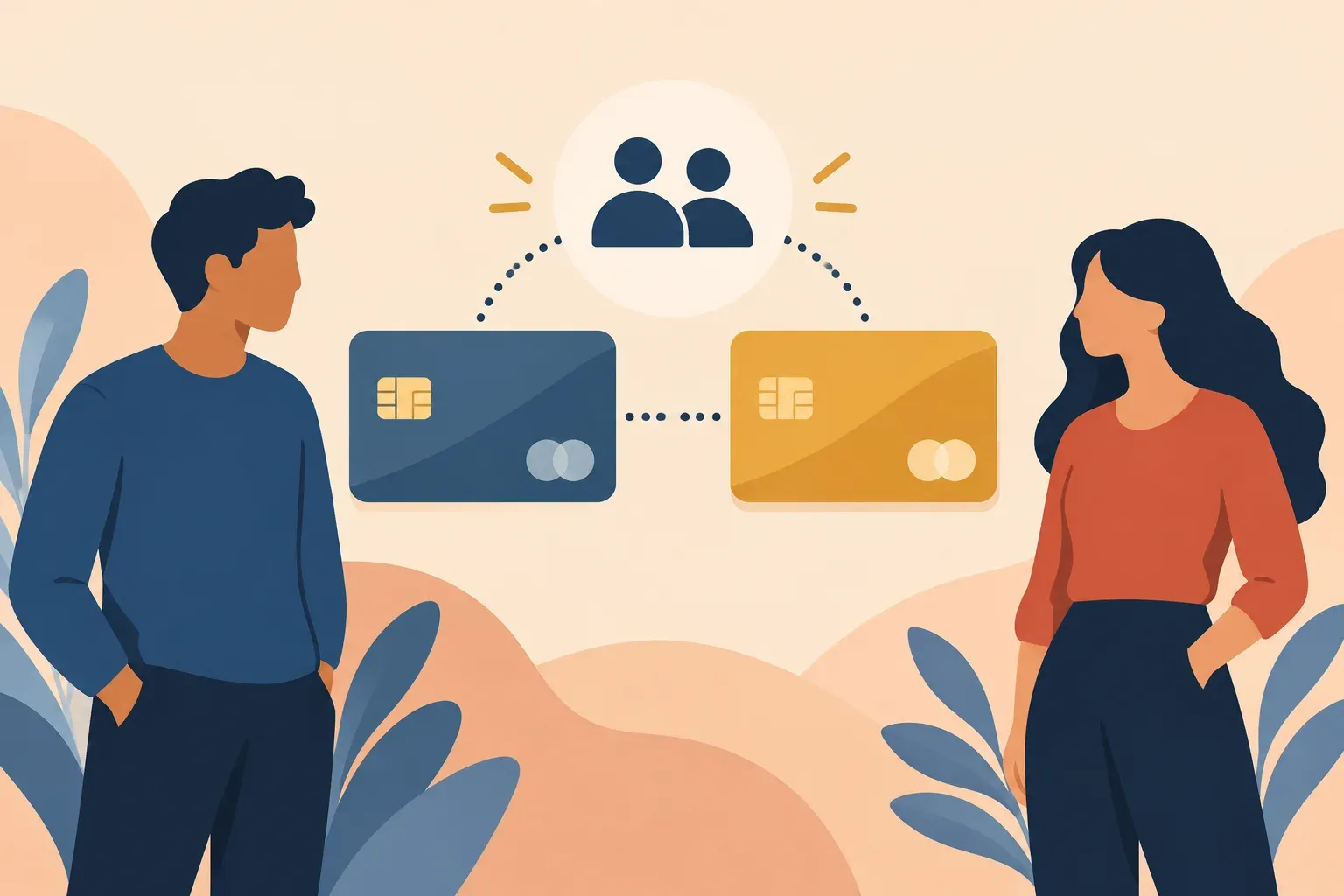 Illustrated account connecting two people through plain credit cards