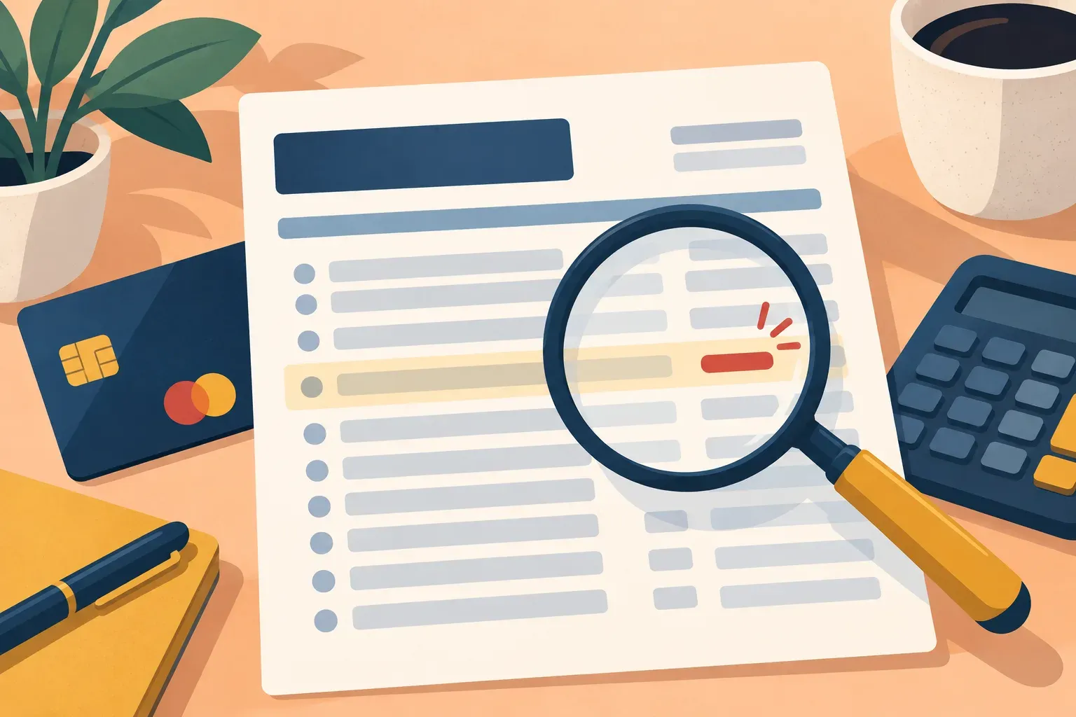 Illustrated card statement and magnifying glass highlighting a possible error