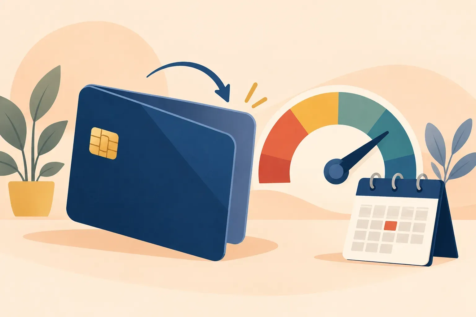 Illustrated closing credit card beside a credit gauge and calendar